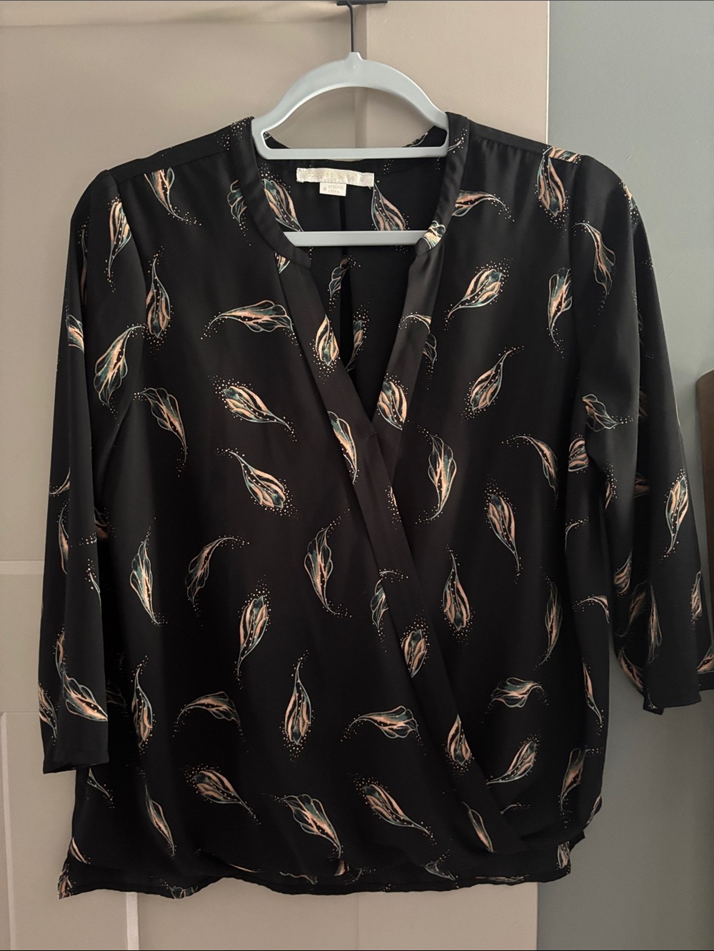 cooper & ella Black Surplice Blouse with Teal and Beige Feather Motif